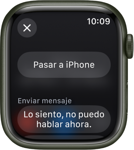 La app Teléfono mostrando opciones de llamada entrante. El botón Contestar en el iPhone está en la parte superior y debajo hay una respuesta sugerida.