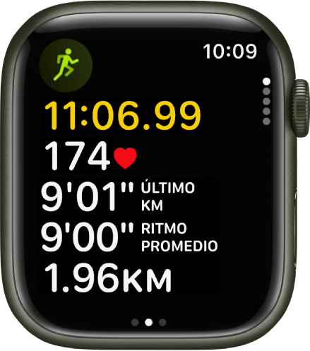 Un entrenamiento de carrera en curso muestra el tiempo transcurrido del entrenamiento, frecuencia cardiaca, ritmo por milla, ritmo promedio y distancia total recorrida.