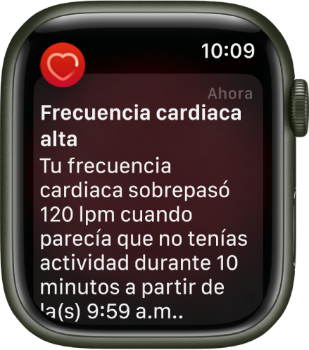 Pantalla Alerta de frecuencia cardiaca indicando que se detectó una frecuencia cardiaca alta.