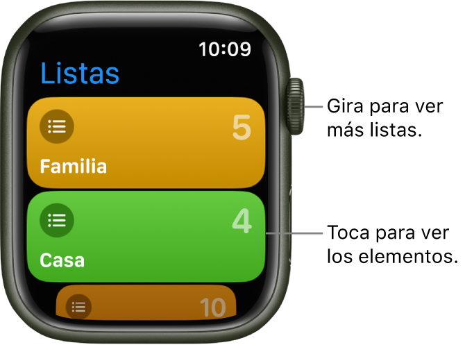 La pantalla Listas de la app Recordatorios mostrando dos botones de listas: Familia y Casa. Los números de la derecha indican cuántos recordatorios hay en cada lista. Toca una lista para ver sus elementos o gira la corona Digital Crown para ver más listas.