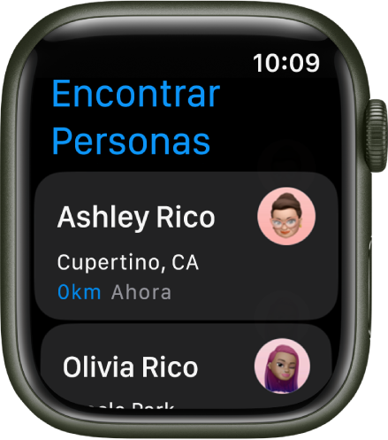 La app Encontrar Personas mostrando dos amigos y su ubicación aproximada.