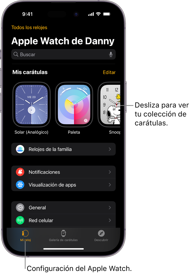 La app Apple Watch del iPhone abierta en la pantalla Mi Reloj, que muestra tus carátulas cerca de la parte superior y la configuración abajo. Hay tres pestañas en la parte inferior de la pantalla de la app Apple Watch: la izquierda es Mi reloj, donde está la configuración del Apple Watch; luego está la Galería de carátulas, donde puedes explorar las carátulas y complicaciones disponibles; y la última es Descubrir, donde puedes obtener más información sobre el Apple Watch.