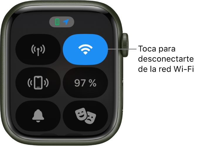 Centro de control en el Apple Watch (GPS + Cellular), con el botón Wi-Fi en la parte superior derecha. El texto indica “Desconectar de Wi-Fi”.