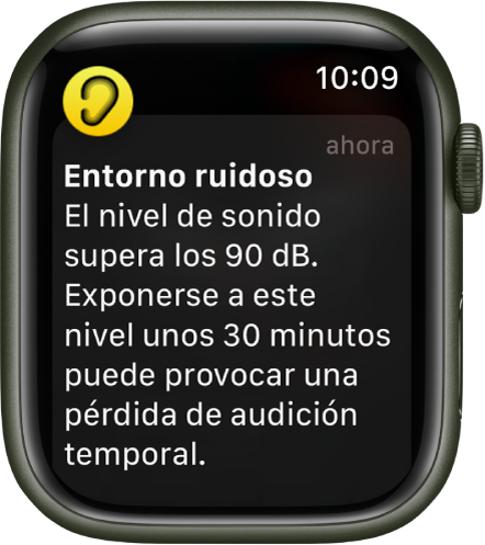 Un Apple Watch en el que se ve una notificación de ruido. El icono de la app asociada a la notificación aparece en el extremo superior izquierdo de la pantalla. Puedes tocarlo para abrir la app.
