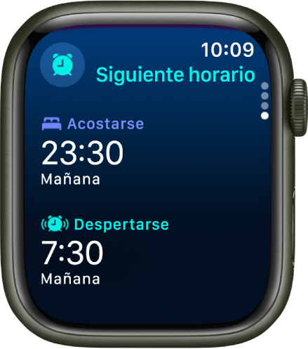 La app Sueño con el horario de sueño nocturno. En la parte de arriba aparece “Hora de acostarse” y, debajo, la hora de Despertarse.