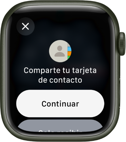 La pantalla de NameDrop con dos botones: Continuar, que te permite recibir un contacto además de compartir el tuyo, y “Solo recibir”, para que únicamete se reciba la información de contacto de otra persona.