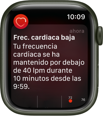 La pantalla “Frecuencia cardiaca baja” con una notificación que dice que tu frecuencia cardiaca ha estado por debajo de 40 LPM durante 10 minutos.