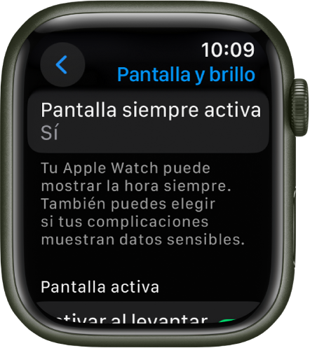 La pantalla de “Pantalla y brillo” con el botón “Pantalla siempre activa”.