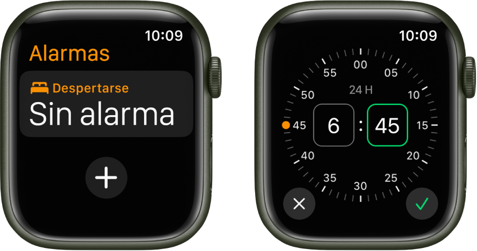 Dos pantallas del reloj en las que se muestra el proceso para añadir una alarma: Toca “Añadir alarma”, gira la corona Digital Crown para ajustar la hora y, a continuación, toca el botón de verificación.