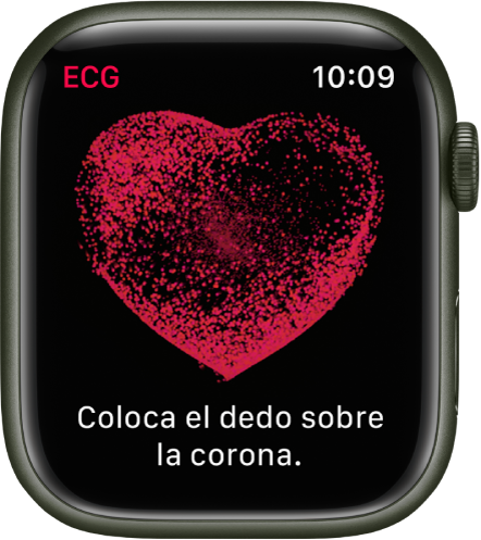 La app ECG mostrando la imagen de un corazón y las palabras “Coloca el dedo sobre la corona”.