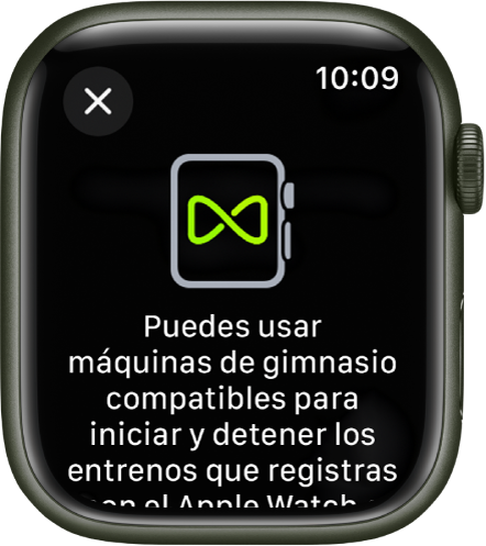 Una pantalla de enlace que aparece al enlazar el Apple Watch con las máquinas del gimnasio.