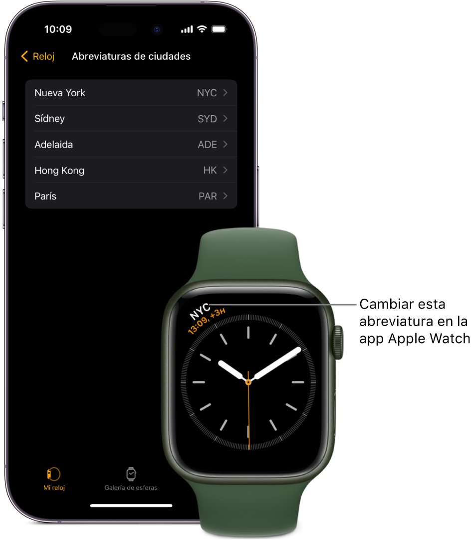 Un iPhone y un Apple Watch, uno al lado del otro. En la pantalla del Apple Watch se ve la hora de Nueva York (con la abreviatura “NYC”). En la pantalla del iPhone se muestra la lista de ciudades de los ajustes de Reloj de la app Apple Watch.