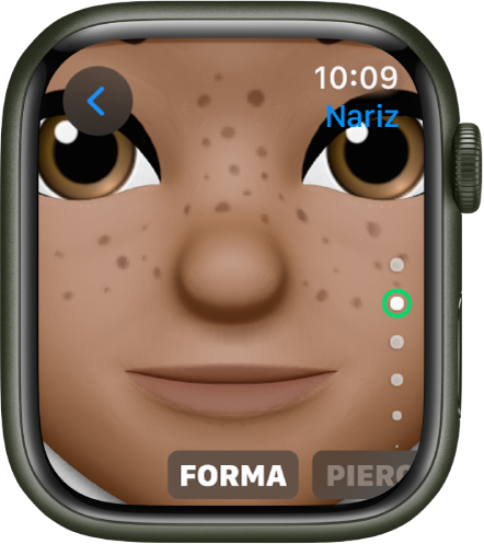 La app Memoji en el Apple Watch con la pantalla de edición de la nariz. Hay un primer plano de la cara, centrado en la nariz. Al final se puede leer la palabra “Forma”.