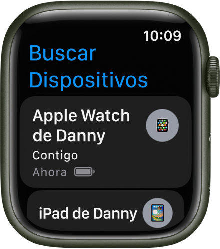 App Buscar Dispositivos con dos dispositivos: un Apple Watch y un iPad.