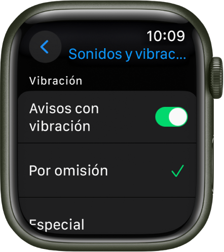 Ajustes de “Sonidos y vibraciones” en el Apple Watch, con el interruptor “Avisos con vibración”, y debajo las opciones “Por omisión” y Especial.