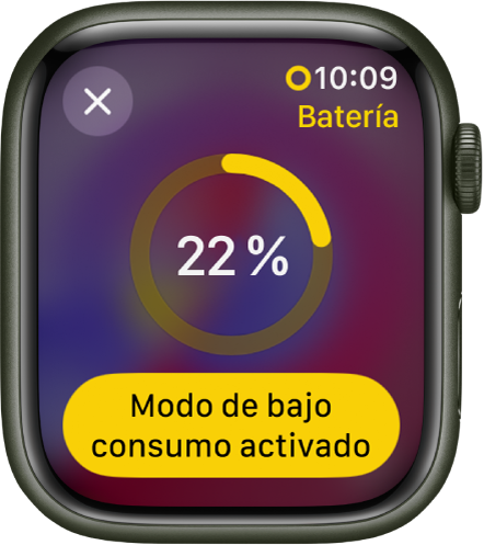 La pantalla “Modo de bajo consumo” muestra un anillo amarillo parcial que indica cuánta batería queda. El 22 por ciento está en mitad del anillo. Abajo está el botón “Modo de bajo consumo activado”. Arriba a la izquierda hay un botón de cerrar.