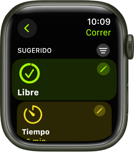 La app Entreno, con una pantalla para editar un entreno Correr. La casilla Abrir está en el centro con un botón de edición arriba a la derecha. Abajo se muestra para de una casilla con el tiempo.