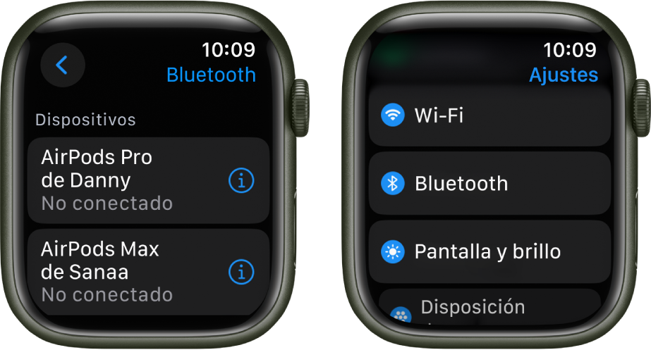 Dos pantallas, una junto a otra. La pantalla de la izquierda muestra dos dispositivos Bluetooth: AirPods Pro y AirPods Max, ninguno de los cuales están conectados. A la derecha está la pantalla Ajustes, con los botones Wi-Fi, Bluetooth, “Pantalla y brillo” y “Disposición de apps” en una lista.