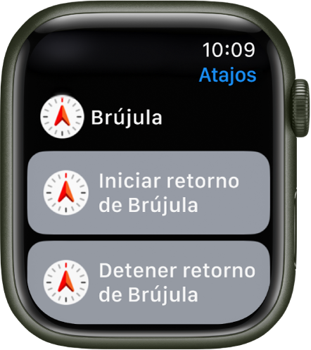 La app Atajos en el Apple Watch con dos atajos de Brújula: “Iniciar ‘Retorno con Brújula’” y “Detener ‘Retorno con Brújula’”.