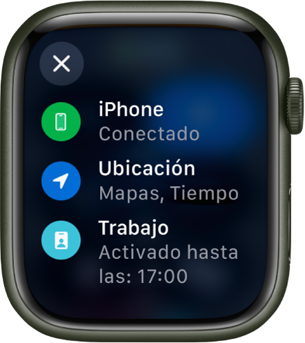 El estado del centro de control, que muestra que el iPhone está conectado, que Mapas y Tiempo están utilizando la ubicación y que el modo de concentración de trabajo está activado hasta las 17:00.