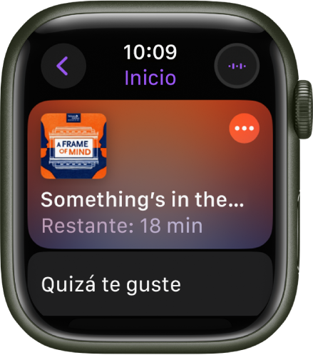 La app Podcasts en el Apple Watch abierta por la pantalla Inicio con la ilustración del podcast. Toca la portada para reproducir el episodio.