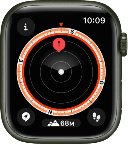 La app Brújula muestra un punto de referencia en un dial. Arriba a la izquierda aparece el botón Información, abajo a la izquierda está el botón “Puntos de referencia”, en el centro está el botón Altitud, y abajo a la izquierda, el botón Retorno.