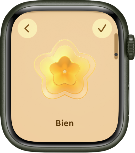 La pantalla de la app Mindfulness con la pantalla de “Estado de ánimo” y un visual en el centro. Debajo se muestra una emoción.