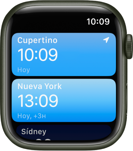 La app Reloj Mundial con una lista de ciudades.