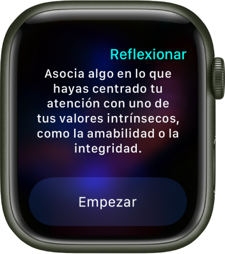 La app Mindfulness muestra un pensamiento sobre el que puedes reflexionar: “Relaciona lo que estés haciendo con uno de tus valores más importantes, como la amabilidad o la honestidad”. Debajo aparece el botón Empezar.