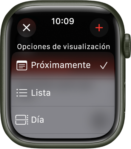 La pantalla Calendario con las “Opciones de visualización”: “A continuación”, Lista y Día. Arriba a la derecha está el botón Añadir.