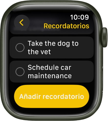 La app Recordatorios con dos recordatorios. El recordatorio está cerca de la parte superior de la pantalla y el botón “Añadir recordatorio”, debajo.