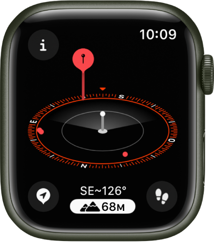 La app Brújula con la vista de altitud en 3D. La ubicación actual está marcada con una columna blanca en mitad del dial de la brújula en diagonal. Una chincheta roja en una columna más larga marca un punto de referencia distante.