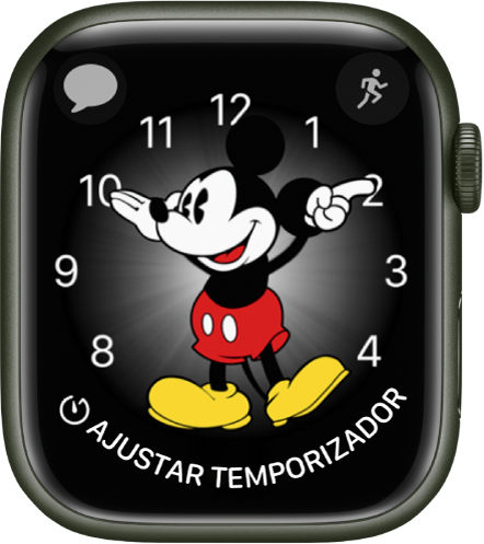 Esfera Mickey Mouse a la que se pueden añadir muchas complicaciones. En ella se muestran tres complicaciones: Mensajes se muestra arriba a la izquierda, Entreno arriba a la derecha y Temporizador abajo.