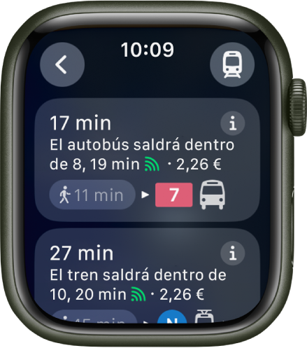 La app Mapas con los detalles de una excursión en transporte público. Arriba a la derecha está el botón “Modo de transporte” y arriba a la izquierda, el botón Atrás. Abajo están los dos primeros tramos del trayecto —un recorrido en autobús y otro en tren—, con sus respectivos detalles.