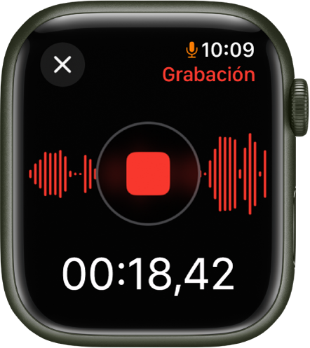 La app Notas de Voz en mitad de la grabación de una nota. En el centro hay un botón rojo Detener. Debajo está el tiempo transcurrido de la grabación. Arriba a la derecha se puede leer la palabra “Grabación”.