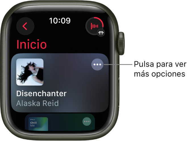 La app Música muestra la pantalla Inicio con un álbum. A la derecha se muestra el botón “Más opciones”. Arriba a la derecha está el botón “Ahora suena”. Arriba a la izquierda está el botón Atrás.