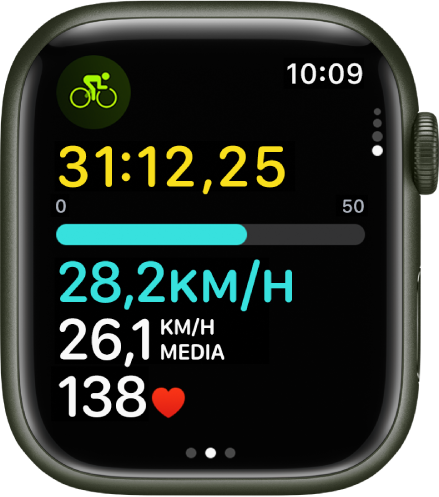 Un entreno de bici en curso muestra el tiempo transcurrido, la velocidad, la velocidad media y la frecuencia cardiaca.