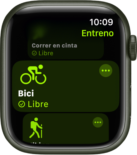 La pantalla Entreno, con el entreno Bici resaltado. En la esquina superior derecha de la ficha del entreno se muestra un botón Más.