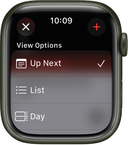 Rakenduse Calendar kuvas on View Options valikud – Up Next, List ja Day. Paremal üleval on nupp Add.