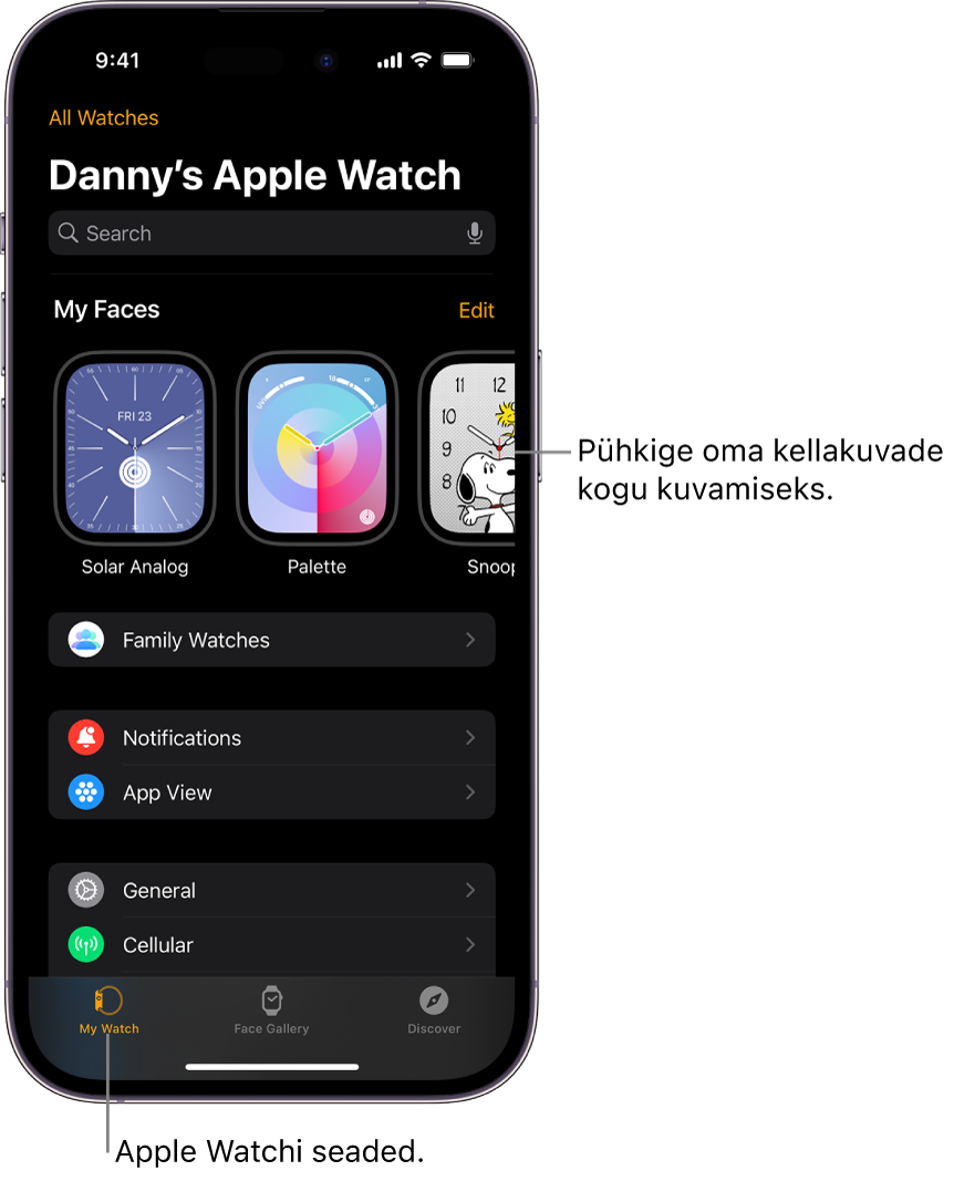 iPhone'is avatud rakenduse Apple Watch kuva My Watch, kus üleval kuvatakse kellakuvasid ning all seadeid. Rakenduse Apple Watch alaservas on kolm vahekaarti: vasakul on vahekaart My Watch, kust saate valida Apple Watchi seadeid; järgmisena on vahekaart Face Gallery, kust saate avastada saadaolevaid kellakuvasid ja komplikatsioone; seejärel Discover, kust saate lisateavet Apple Watchi kohta.