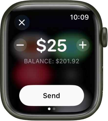 Rakenduse Messages kuva, kus valmistatakse Apple Cashi makset ette. Üleval on summa dollarites. Selle all on teie hetkesaldo ning kõige all nupp Send.