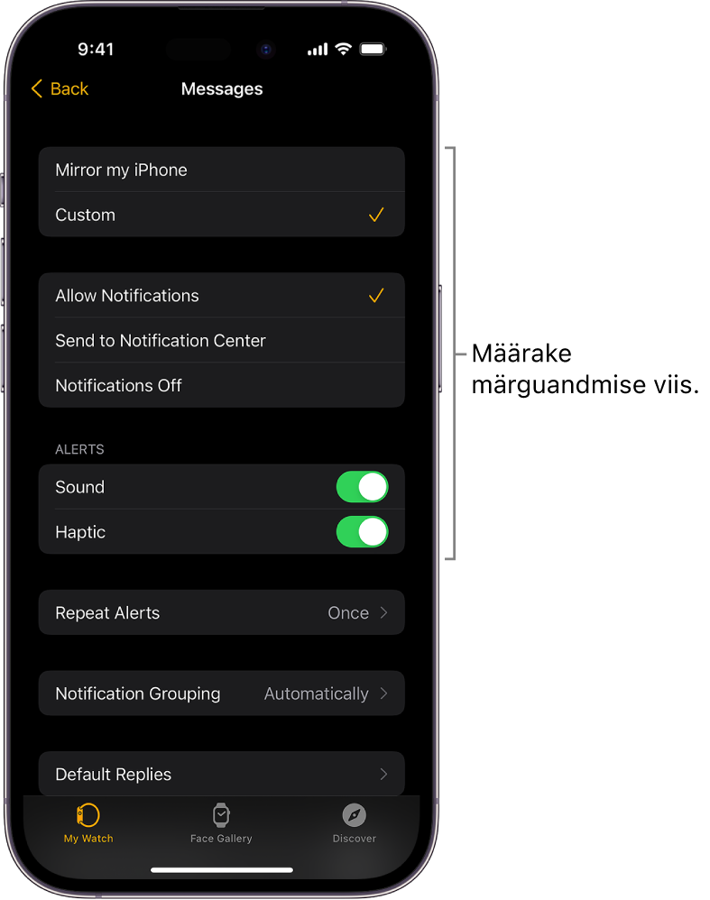 Rakenduse Messages seaded iPhone'i rakenduses Apple Watch. Saate valida, kas kuvada märguandeid, lülitada heli sisse, lülitada värintagasiside sisse ning kas kasutada korduvaid märguandeid.