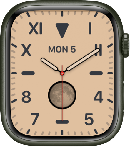California kellakuva nii Rooma kui ka araabia numbritega. Sellel kuvatakse kuupäeva ja komplikatsiooni Moon Phase.