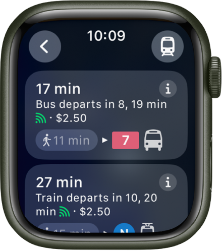 Rakendus Maps kuvab ühistranspordireisi üksikasju. Üleval paremal on nupp Transportation Mode ning all vasakul nupp Back. All on reisi kaks esimest etappi – bussireis ja rongireis – ning üksikasjad mõlema kohta.