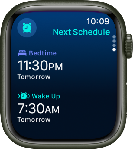 Apple Watchi rakendus Sleep kuvab õhtu magamise ajakava. Üleval kuvatakse Bedtime ning selle all on Wake Upi kellaaeg.