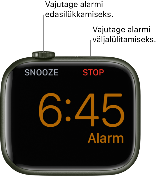 Apple Watch on paigutatud küljele ning ekraanil on teade äratuse käivitumise kohta. Digital Crowni all on nupp “Snooze”. Küljenupu all on sõna “Stop".