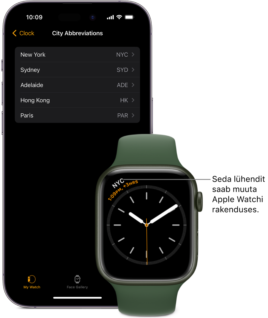 iPhone ja Apple Watch, üksteise kõrval. Apple Watchi ekraanil kuvatakse New York City kellaaega, kasutades lühendit NYC. iPhone'i ekraanil on rakendusest Apple Watch valitud Clock-seadete alt linnade loend.