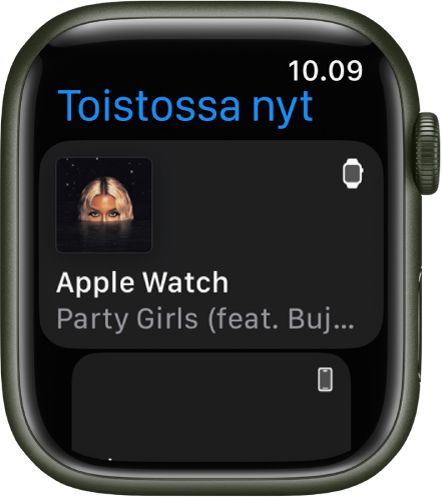Toistossa nyt -apissa näkyy laitteiden luettelo. Apple Watchissa toistuva musiikki on luettelon yläosassa. iPhone näkyy alempana.