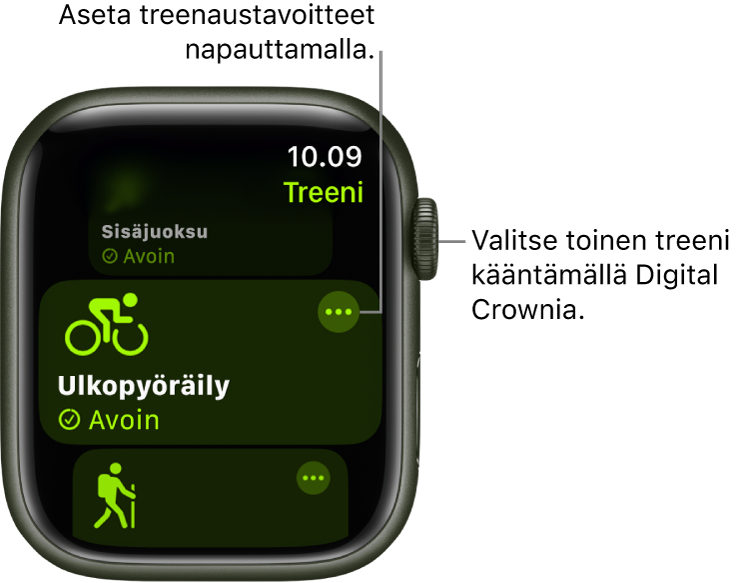 Treeni-näyttö, jossa on korostettuna Ulkopyöräily-treeni. Muut-painike on treenilaatassa ylhäällä oikealla.