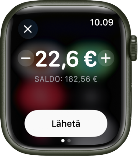 Viestit-näyttö, jossa näkyy Apple Cash -maksun valmistelu. Dollari-arvo on ylhäällä. Nykyinen saldo on alla ja Lähetä-painike on alareunassa.